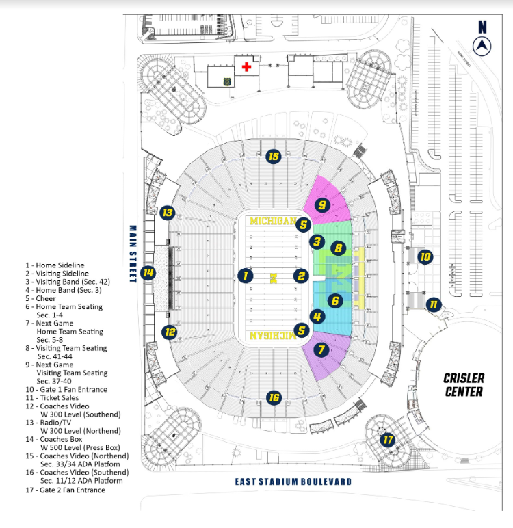 Michigan Stadium Map - 1 Home Sideline, 2 Visiting Sideline, 3 Visiting Band (Sec. 42), 4 Home Band (Sec. 3), 5 Cheer, 6 Home Team Seating (Sec. 1-4), 7 Next Game Home Team Seating (Sec. 5-8), 8 Visiting Team Seating (Sec. 41-44), 9 Next Game Visiting Team Seating (Sec. 37-40), 10 Gate 1 Fan Entrance, 11 Ticket Sales, 12 Coaches Video, 13 Radio/TV, 14 Coaches Box, 15 Coaches Video, 16 Coaches Video, 17 Gate 2 Fan Entrance